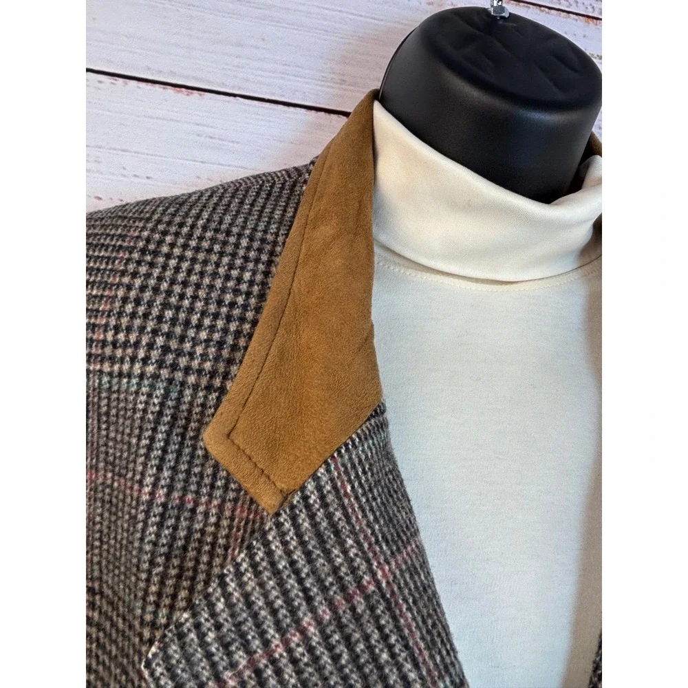 Vintage Plaid Wool Blazer 6 Suede Collar Brown‎ Double Breasted Preppy Clueless - Picture 4 of 12